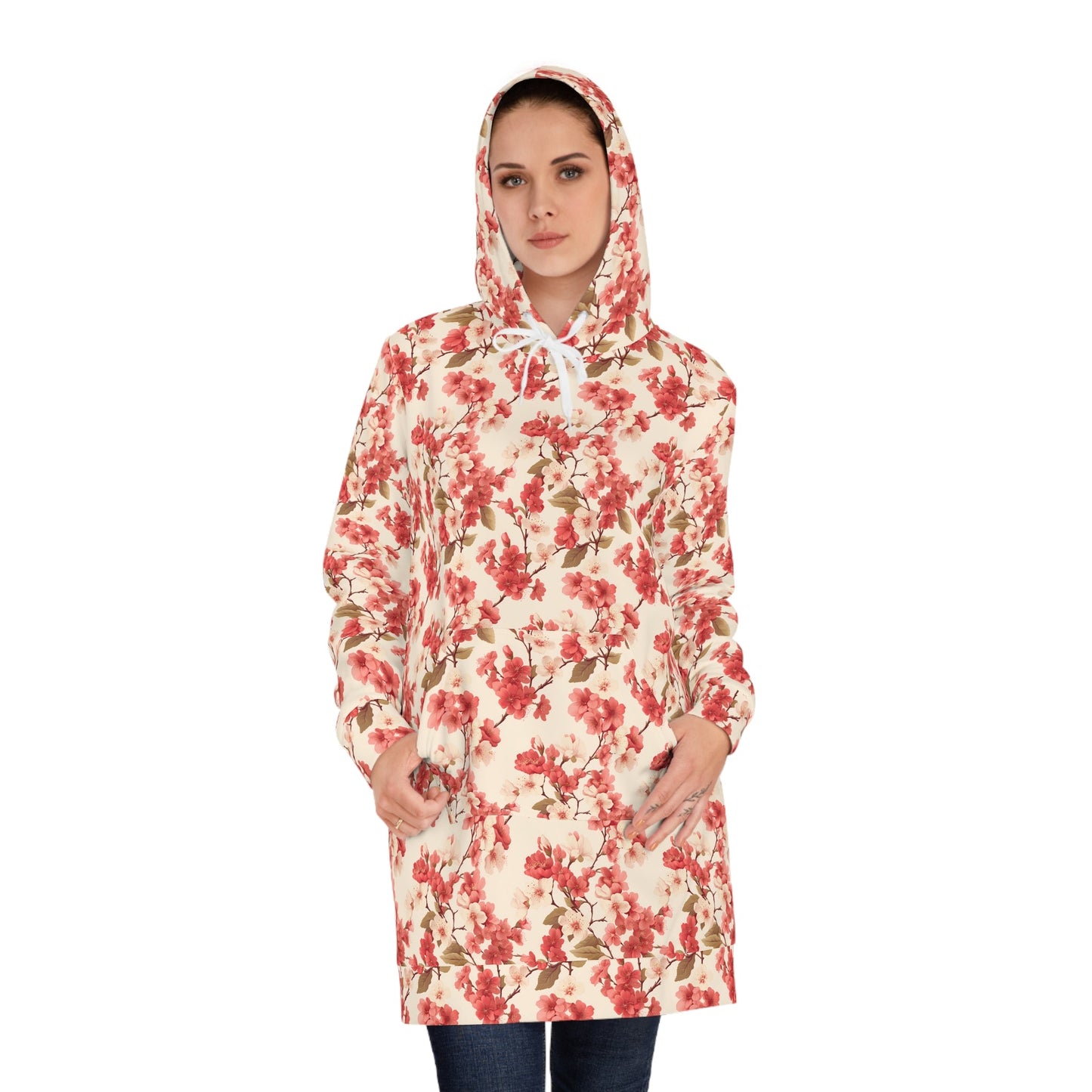 Vintage Cherry Blossom Women's Hoodie Dress Red - Afro-Manga